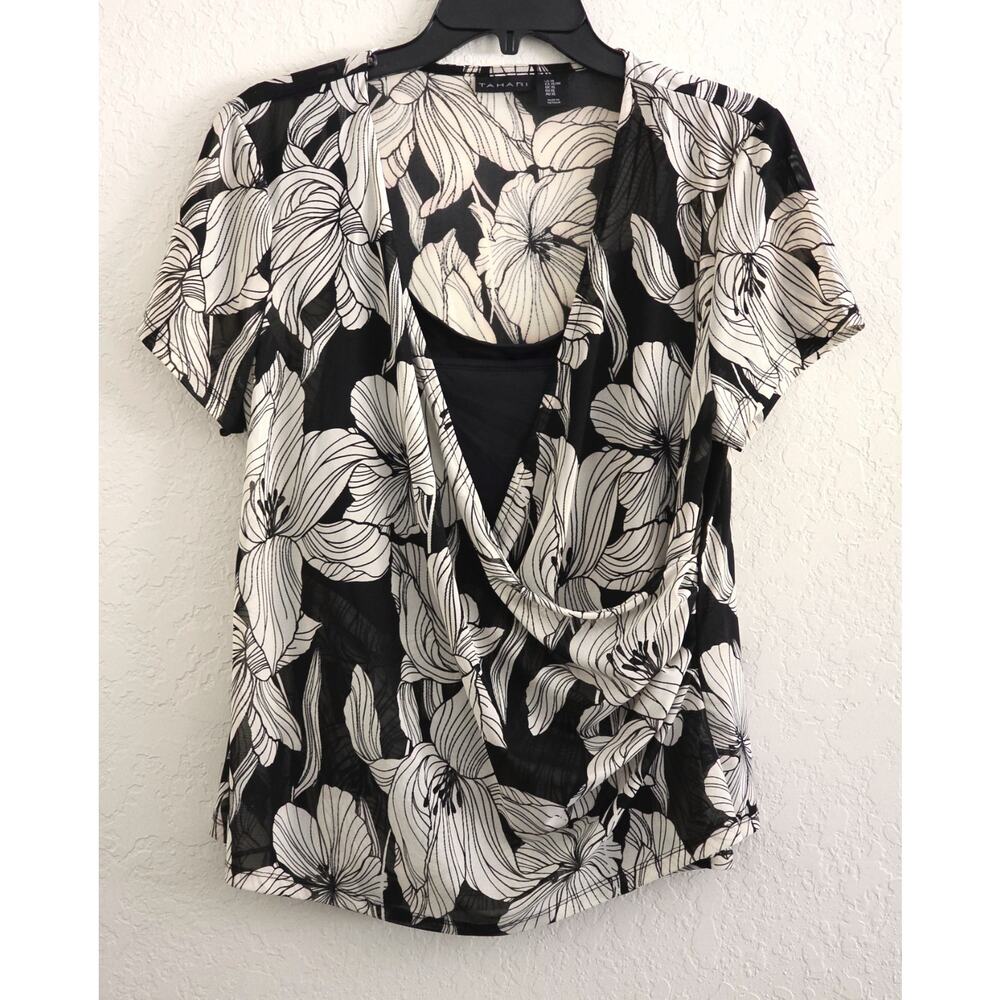 Tahari 2 Piece Blouse XL Black Cream Floral Sheer Top with Tank Camisole